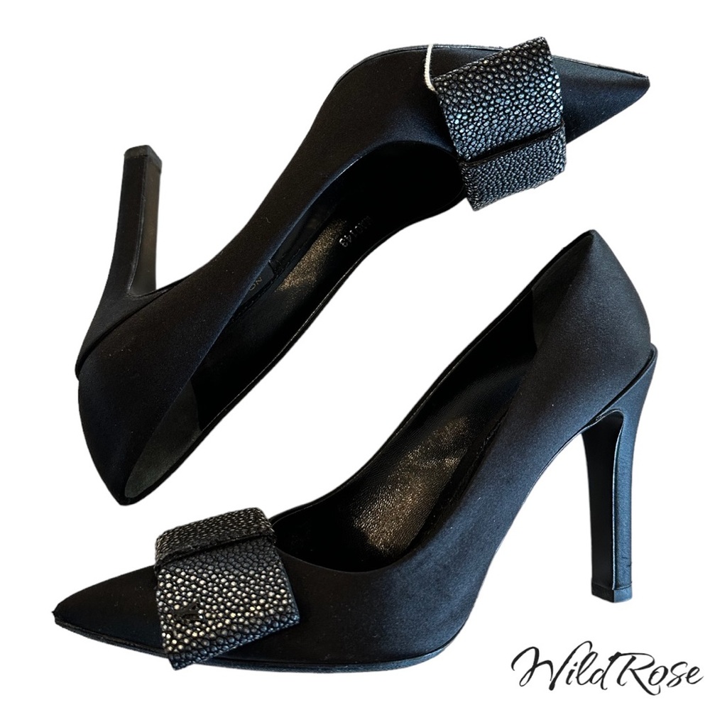 LOUIS VUITTON LIPSTICK PUMPS BLACK SATIN & PEBBLED SILVER LEATHER BOW PUMP 36.5 - Picture 8 of 17